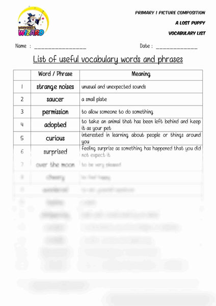 Vocabulary List for topic A Lost Puppy - Worksheet Wizard