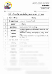 Vocabulary List for topic A Lost Puppy - Worksheet Wizard