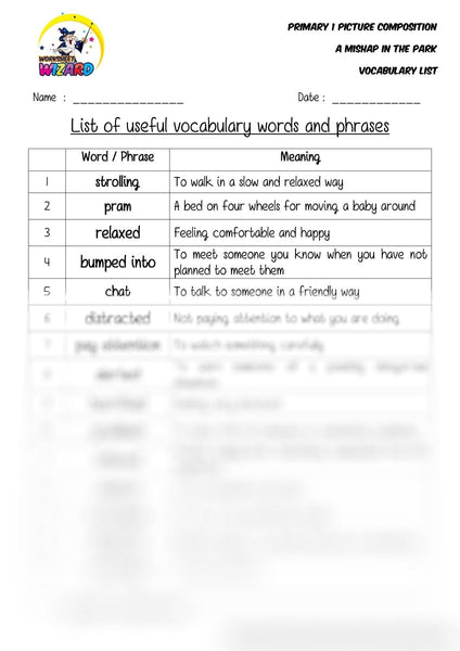 Vocabulary List for topic A Mishap in the Park - Worksheet Wizard