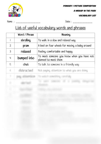 Vocabulary List for topic A Mishap in the Park - Worksheet Wizard