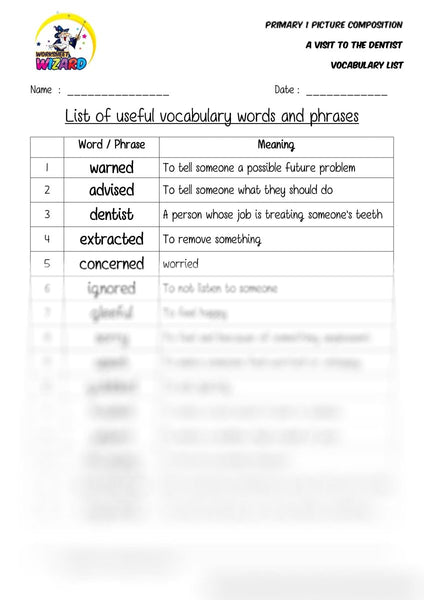 Vocabulary List for topic A visit to the dentist - Worksheet Wizard