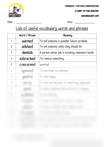 Vocabulary List for topic A visit to the dentist - Worksheet Wizard