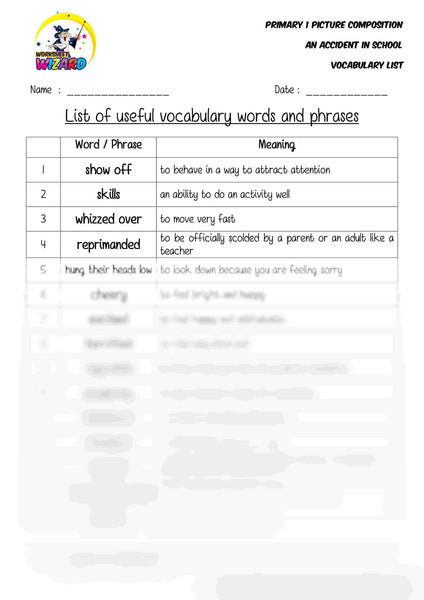 Vocabulary List for topic An Accident in School - Worksheet Wizard