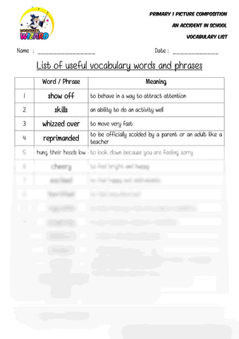 Vocabulary List for topic An Accident in School - Worksheet Wizard