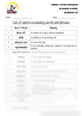 Vocabulary List for topic An Accident in School - Worksheet Wizard