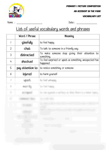 Vocabulary List for topic An Accident in the park - Worksheet Wizard