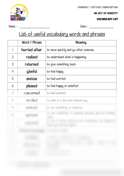 Vocabulary List for topic An Act of Honesty - Worksheet Wizard