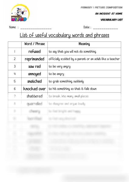 Vocabulary List for topic An Incident at home - Worksheet Wizard