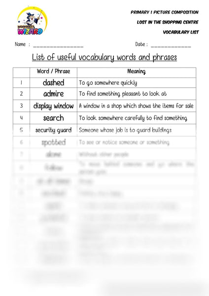 Vocabulary List for topic Lost in the Shopping Centre - Worksheet Wizard