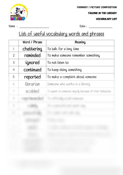 Vocabulary List for topic Talking in the library - Worksheet Wizard